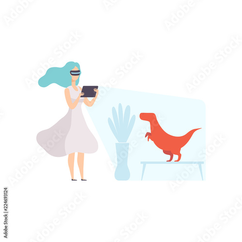 Young woman wearing virtual reality digital glasses looking at dinosaur in the paleontological museum, girl using optical device for real visualisation and simulation vector Illustration