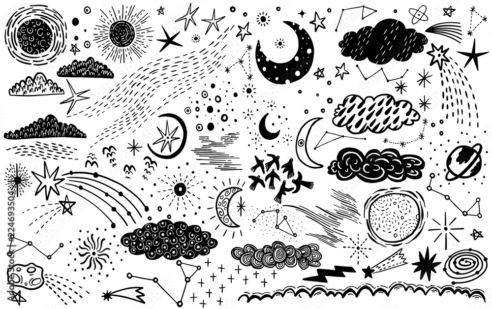 Vector set sketch hand drawn with space, star, cloud, sun, moon, comet. Doodle style. Elements for design.