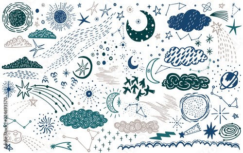 Vector set sketch hand drawn with space, star, cloud, sun, moon, comet. Doodle style. Elements for design.