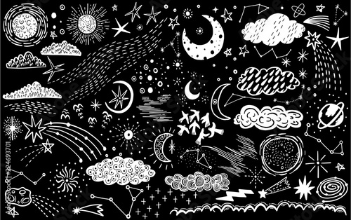 Vector set sketch hand drawn with space, star, cloud, sun, moon, comet. Doodle style. Elements for design.