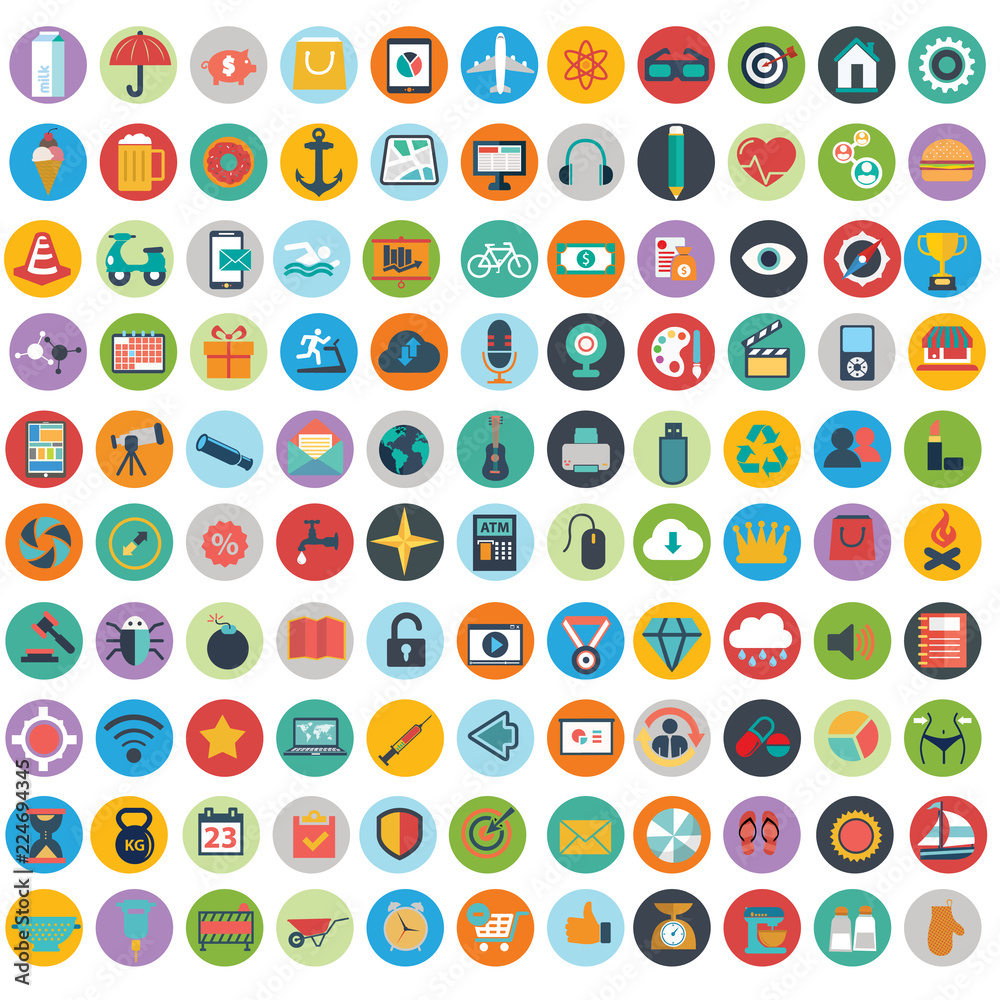 Modern flat icons vector collection with long shadow effect in stylish colors of web design objects, business, office and marketing items. Modern flat icons vector collection with long shadow effect in stylish colors of web design objects, business, office and marketing items.