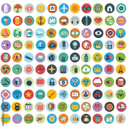 Modern flat icons vector collection with long shadow effect in stylish colors of web design objects, business, office and marketing items.
