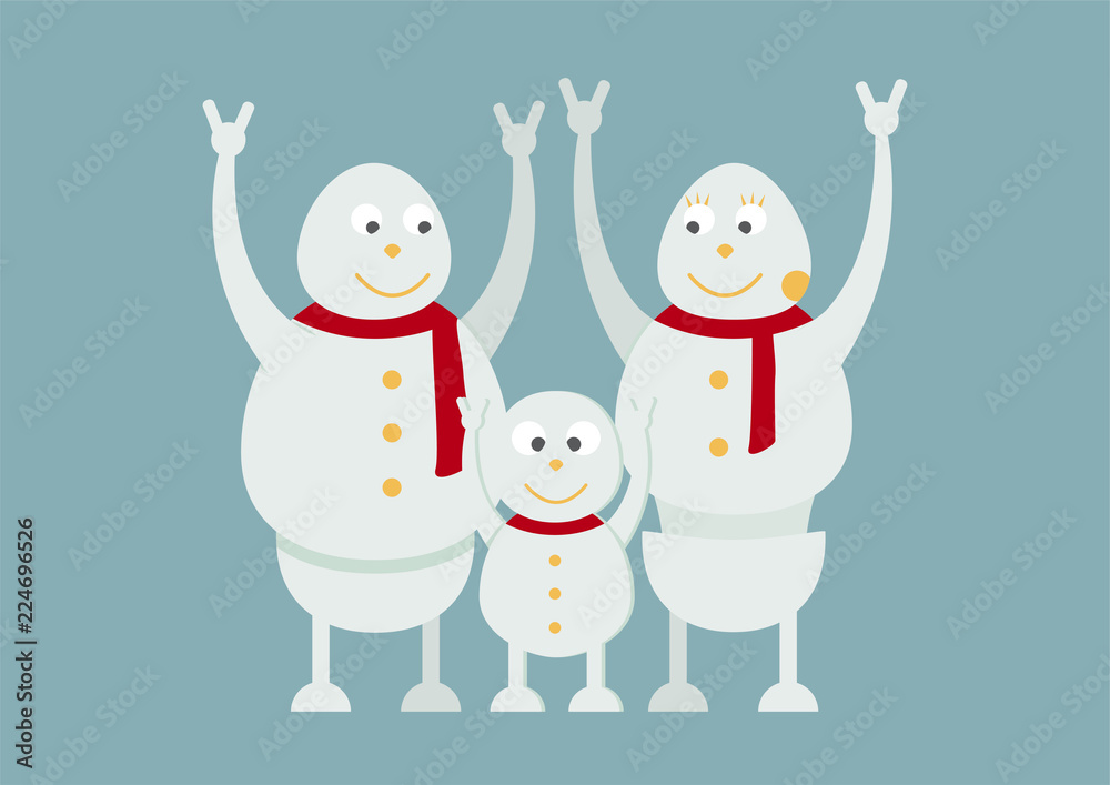 Snowman family portrait on blue background for Merry Christmas on 25 December.