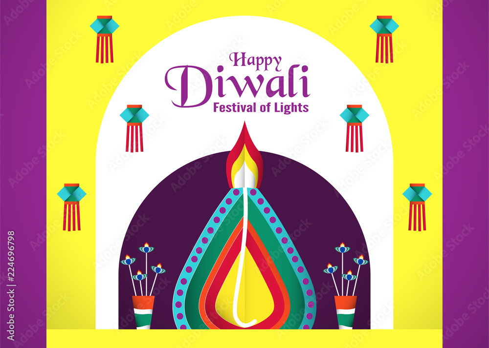 Invitation background for Diwali, festival of lights of Hindu. Vector illustration design in paper cut and craft style.