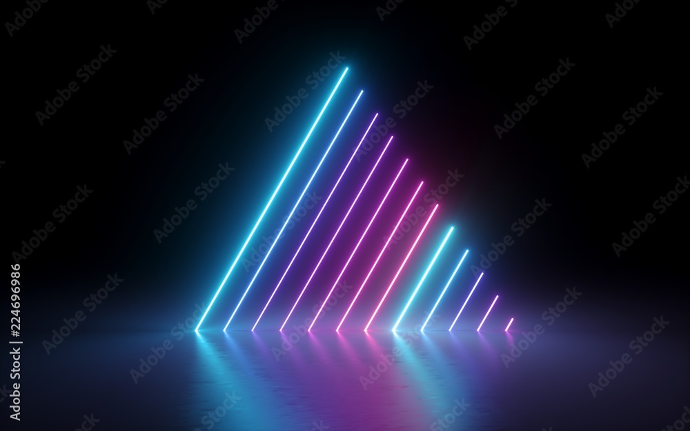 3d render, abstract minimal background, glowing lines, triangle shape, pink blue neon lights, ultraviolet spectrum, laser show