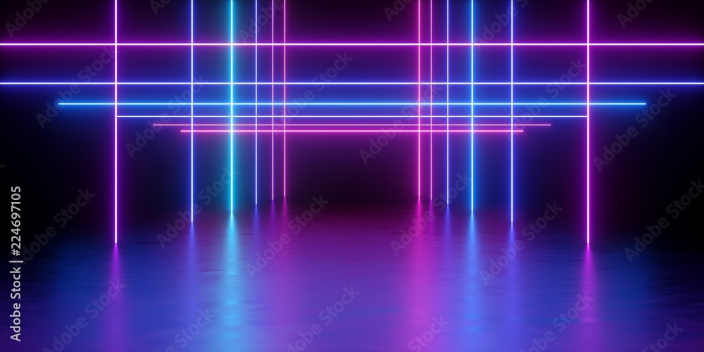 3d render, glowing lines, neon lights, abstract psychedelic background, corridor, tunnel, ultraviolet, spectrum vibrant colors, laser show - obrazy, fototapety, plakaty 