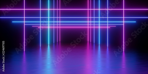 Foto 3d render, glowing lines, neon lights, abstract psychedelic background, corridor