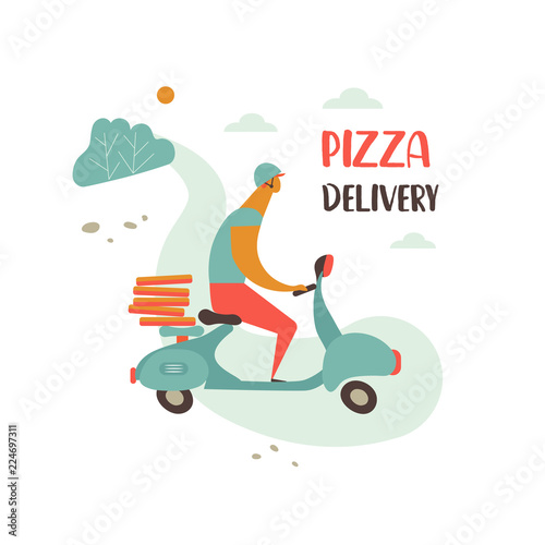 Vector Illustration. Icon of retro transport with cute character. Man rides a scooter. Delivery pizza by courier on the moped.