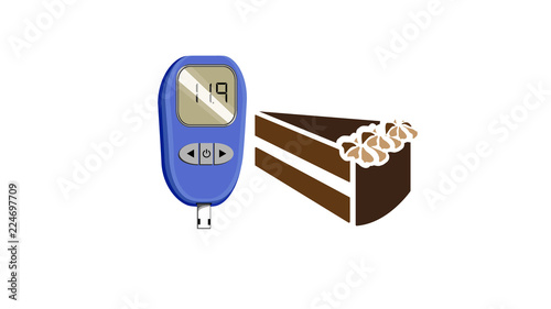 Diabetes and sugar intake - vector image of glucose monitor and a cake