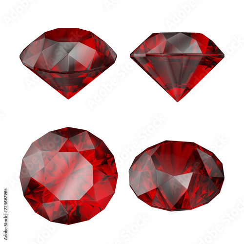 3d render, red ruby gem, jewel icon, diamond cut, brilliant, precious, perspective view, clip art set, isolated on white background