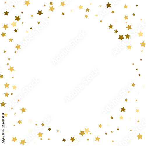 Round gold frame or border of random scatter golden stars on white background. Design element for festive banner, birthday and greeting card, postcard, wedding invitation. Vector illustration