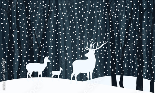 Deer family. Silhouettes of deer in winter forest among trees on dark background. Vector illustration. © julikul8931