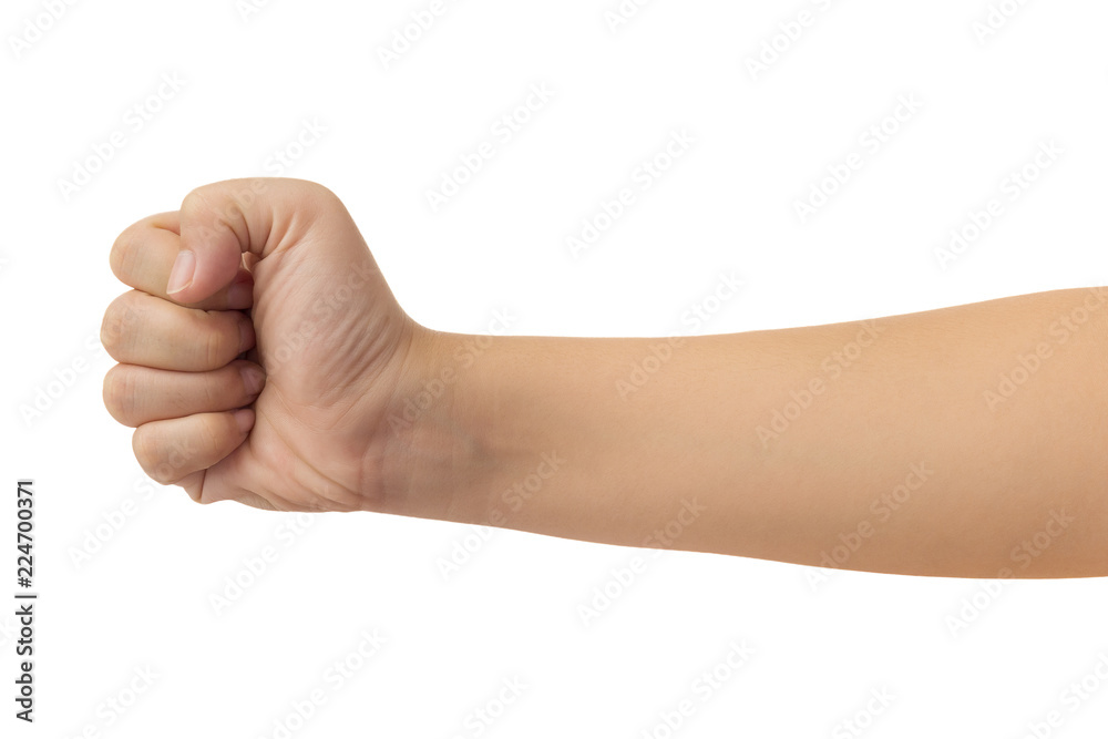 Human hand in fist, punch or griping gesture isolate on white background with clipping path, High resolution and low contrast for retouch or graphic design Human hand in fist, punch or griping gesture isolate on white background with clipping path, High resolution and low contrast for retouch or graphic design