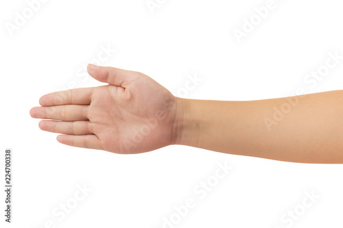 Human hand in reach out one's hand open the palm of hand and showing 5 fingers gesture isolate on white background with clipping path, High resolution and low contrast for retouch or graphic design