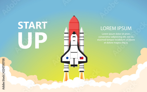 Rocket Launch start up space on the blue background. Vector illustration