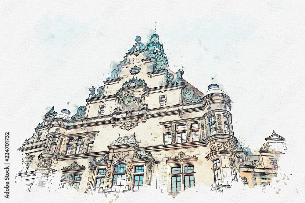 A watercolor sketch or illustration. Part of the ancient architectural complex called the Royal Palace built in the 16th century in Dresden in Germany.