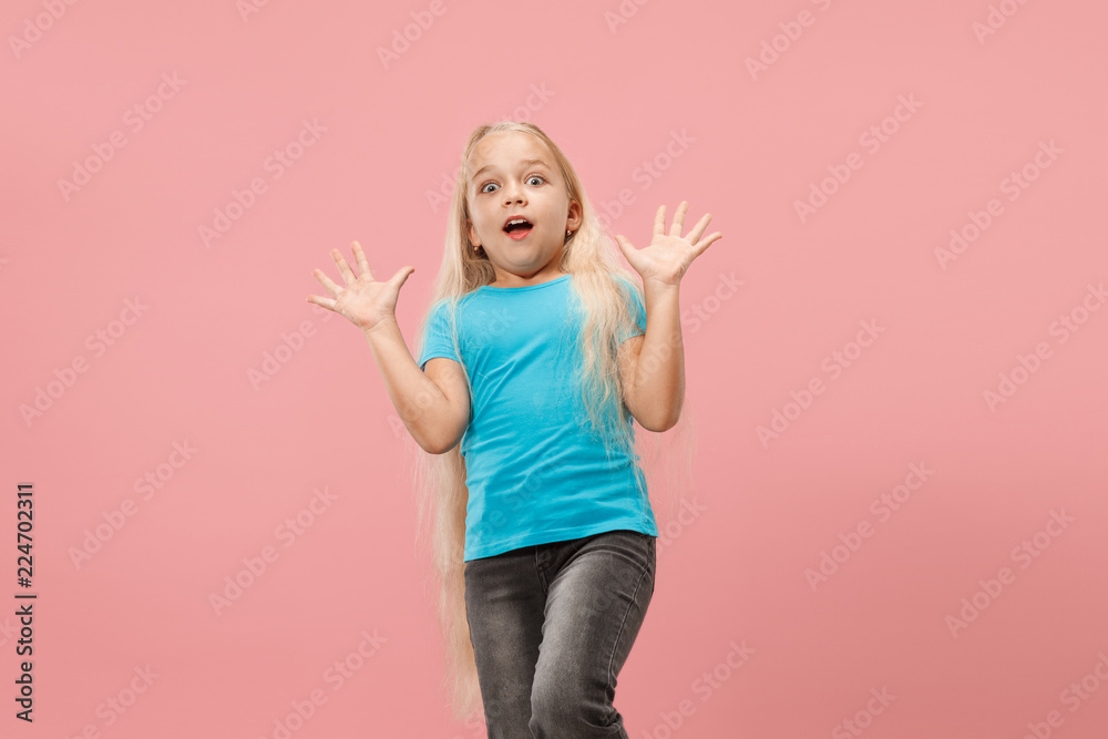 I'm afraid. Fright. Portrait of the scared teen girl. She standing isolated on trendy pink studio background. Female half-length portrait. Human emotions, facial expression concept. Front view I'm afraid. Fright. Portrait of the scared teen girl. She standing isolated on trendy pink studio background. Female half-length portrait. Human emotions, facial expression concept. Front view