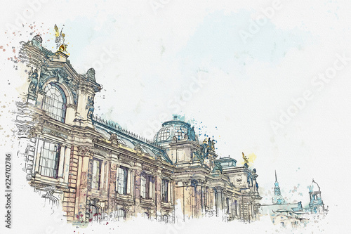 A watercolor sketch or illustration. Palace Albertinum or a gallery of new masters or an art gallery in Dresden in Germany. The building was built in the 16th century. photo