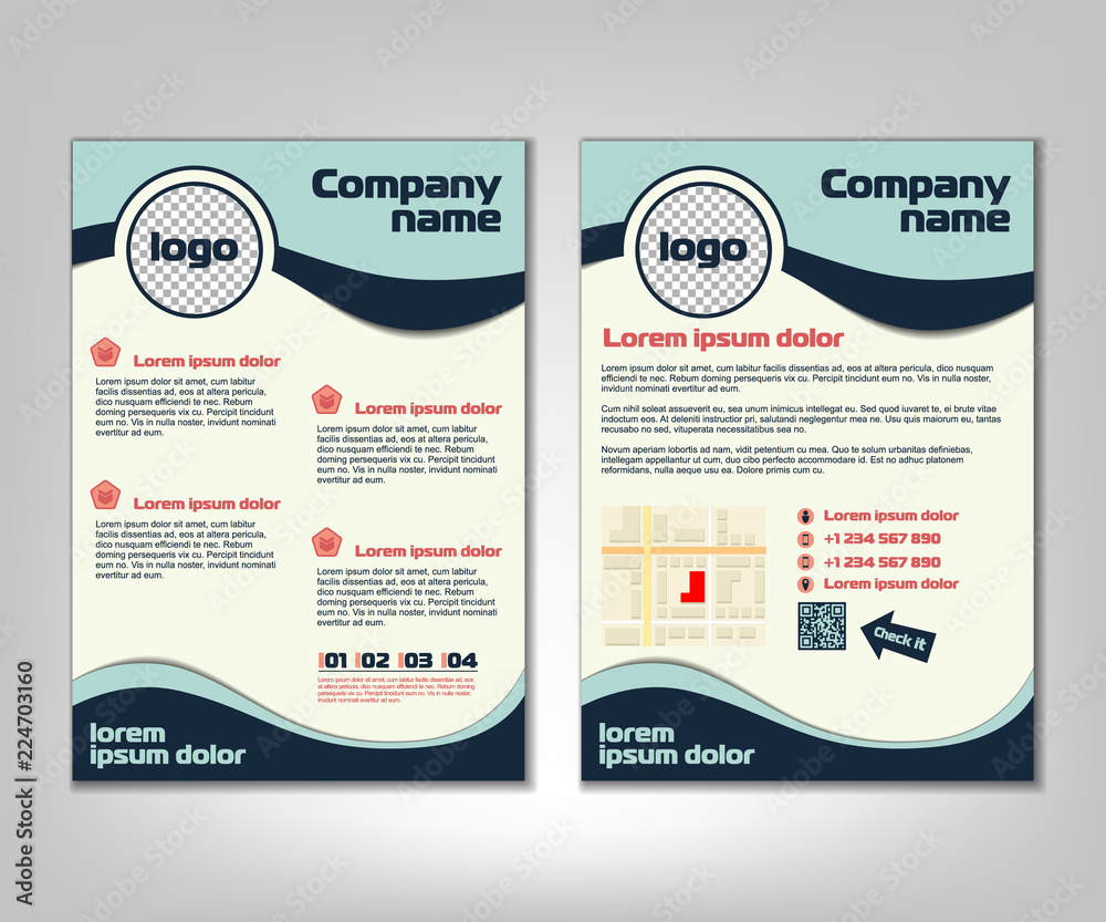 Brochure flyer design layout template. Front and back page in A4 size. Business background with marketing icons and infographic elements. Vector illustration