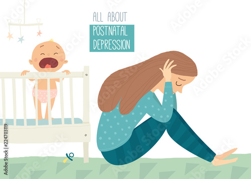 Depressed young woman with cute baby. Postpartum depression. Postnatal depression.