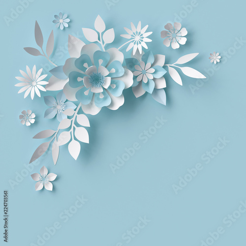 3d render, abstract white paper flowers, pastel blue background, floral corner decor