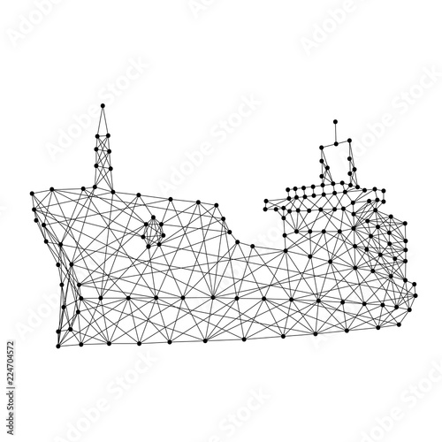 Ship dry cargo vessel from abstract futuristic polygonal black lines and dots. Vector illustration.