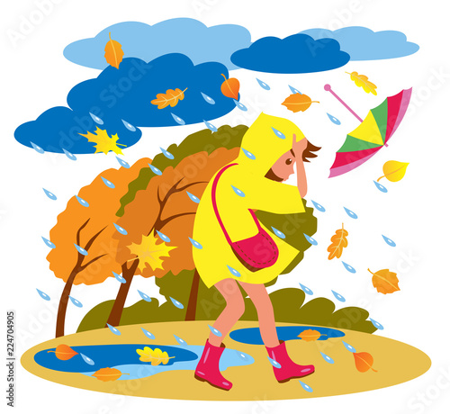 girl in raincoat walking with umbrella in bad weather. autumn rains and storm. cartoon vector illustration