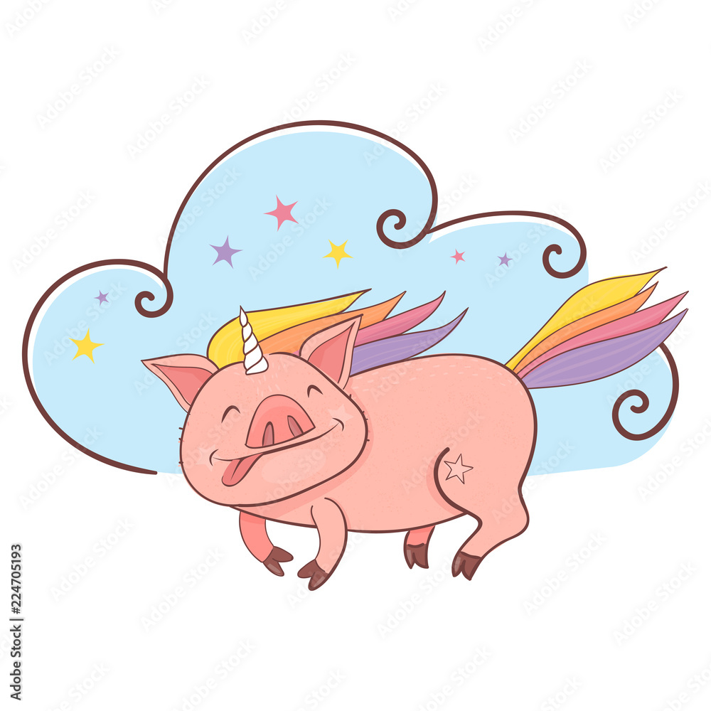 Funny Piggy symbol 2019 new year. Magic unicorn pig in doodle style