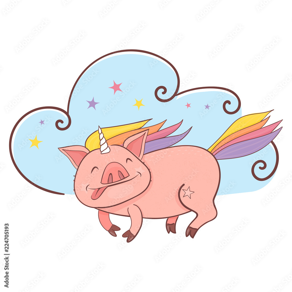 Fototapeta premium Funny Piggy symbol 2019 new year. Magic unicorn pig in doodle style