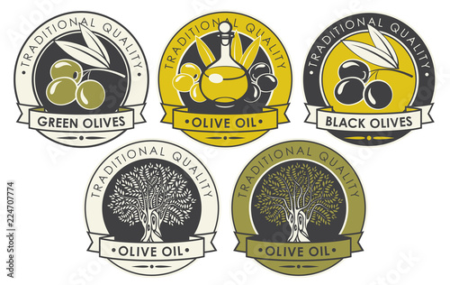 Vector set of labels or stickers for olives and olive oil of round shape with ribbons in retro style