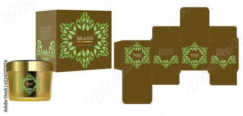 Packaging design, Label on cosmetic container with green and gold luxury box template and mockup box. illustration vector.	