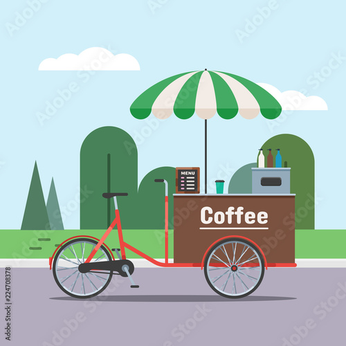 Coffee bicycle cart with espresso machine in the Park. Cappuccino, latte, mocha on the street. Coffee with you. Vector illustration in flat style