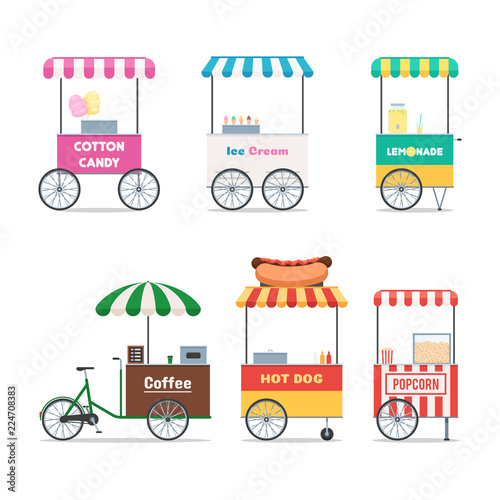 Fast food trolley symbols set. Street selling Coffee, Ice cream, Hot dog, Cotton candy, Popcorn, lemonade. Vector illustration in flat style isolated on white background