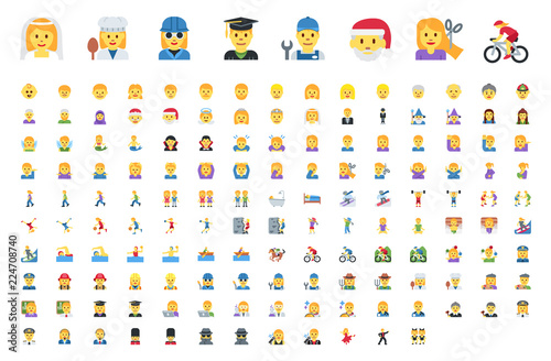 All type of people, different workers, man, woman works, jobs, professions, emojis, emoticons, stickers, symbols. Teachers, doctors, sports, sportsmen, musicians. Labour icons set, collection