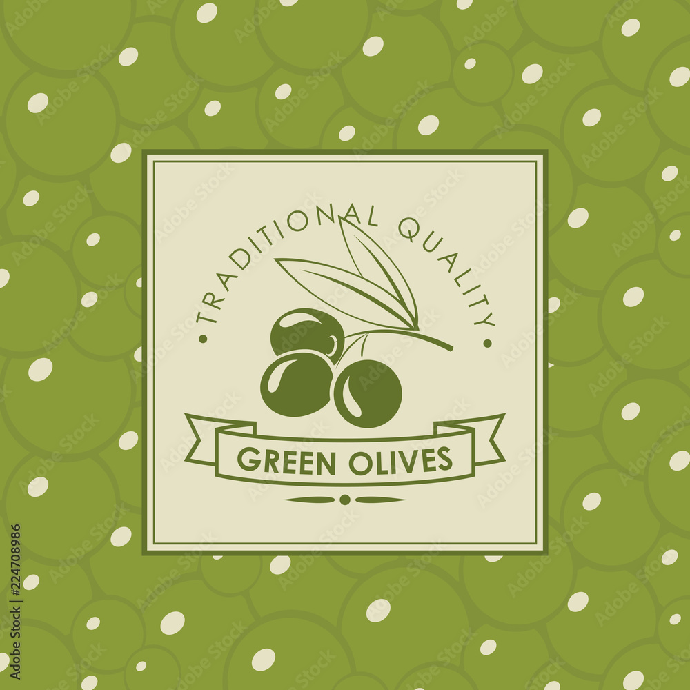 Vector banner or label for green olives with olive twig and ribbon in retro style on the background of green olives Vector banner or label for green olives with olive twig and ribbon in retro style on the background of green olives