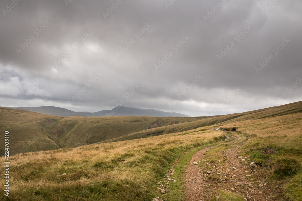 Dirt road in yellow grass mountains landscape with moody sky