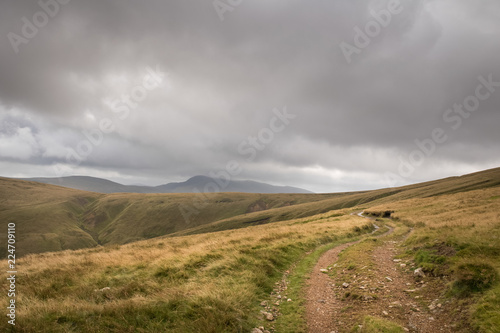Dirt road in yellow grass mountains landscape with moody sky