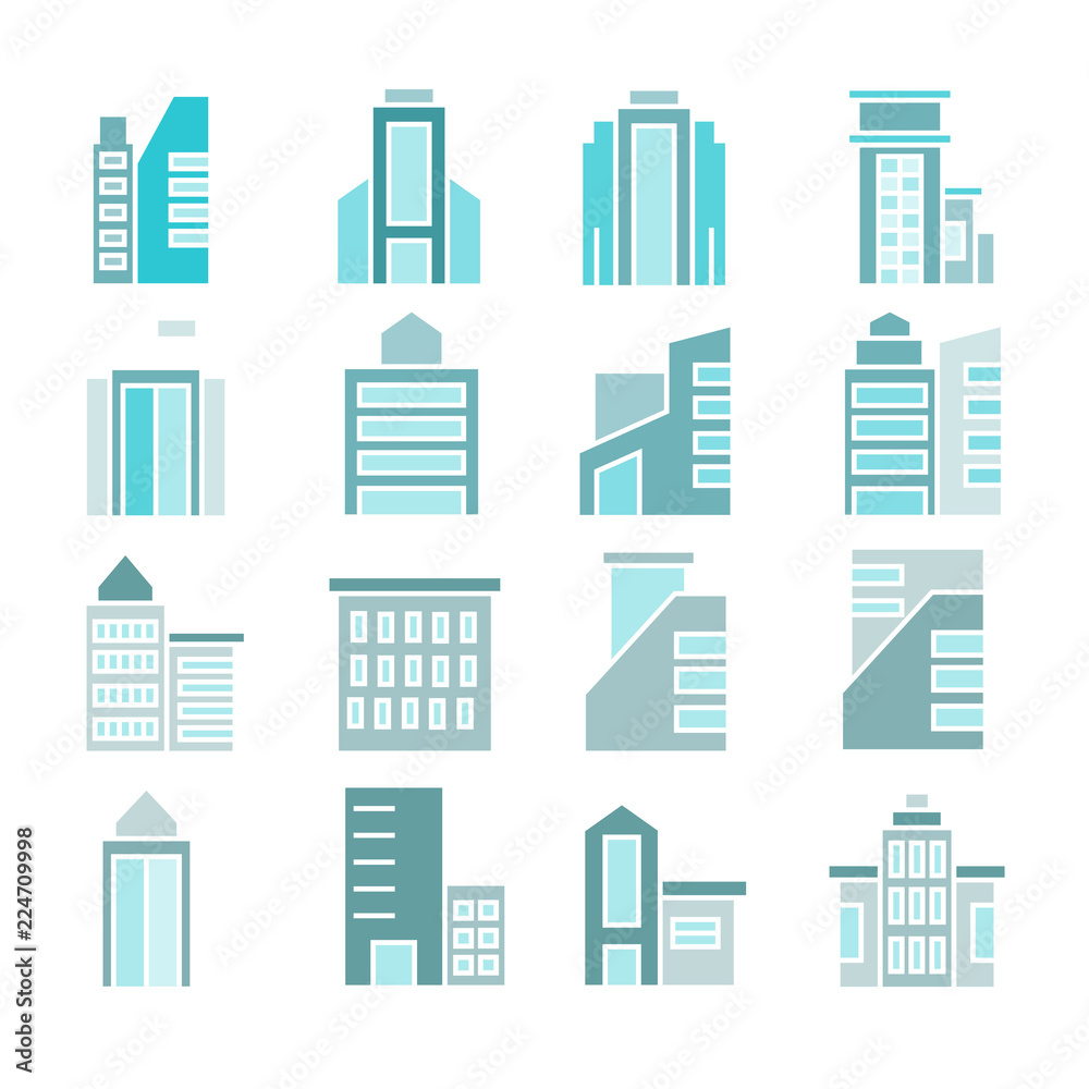 building and tower icons, blue color theme building and tower icons, blue color theme