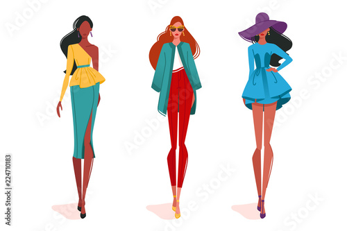 Fashionable girls in motion, on fashion show.