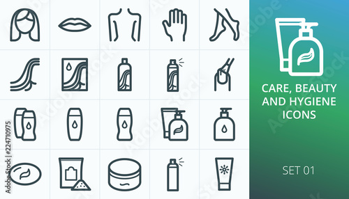 Hygiene and beauty care products set icons. Set of face, body, lips, nail, hand and feet care, hair care, dye, shampoo, gel, spay, balm, soap icons