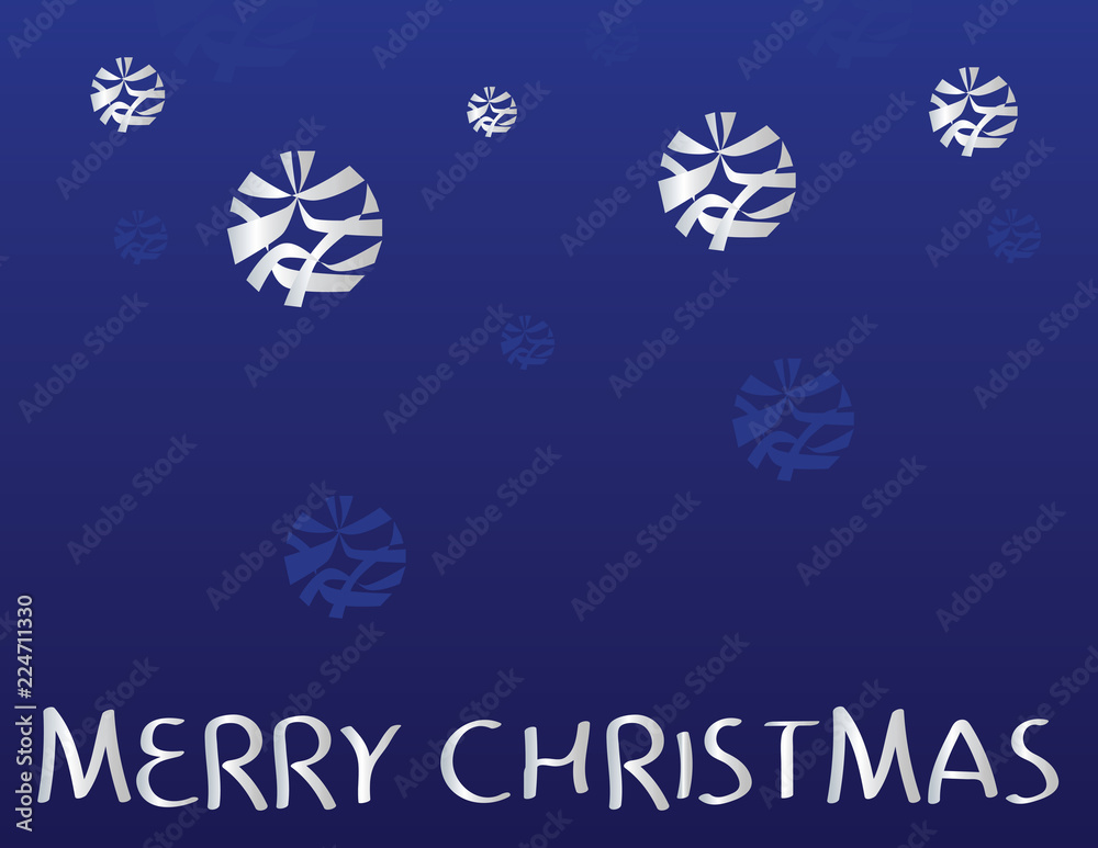 Merry Christmas Greeting and Grey Christmas ornaments on blue background