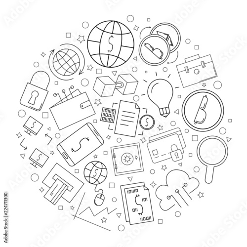 Fintech circle background from line icon. Linear vector pattern. Vector illustration