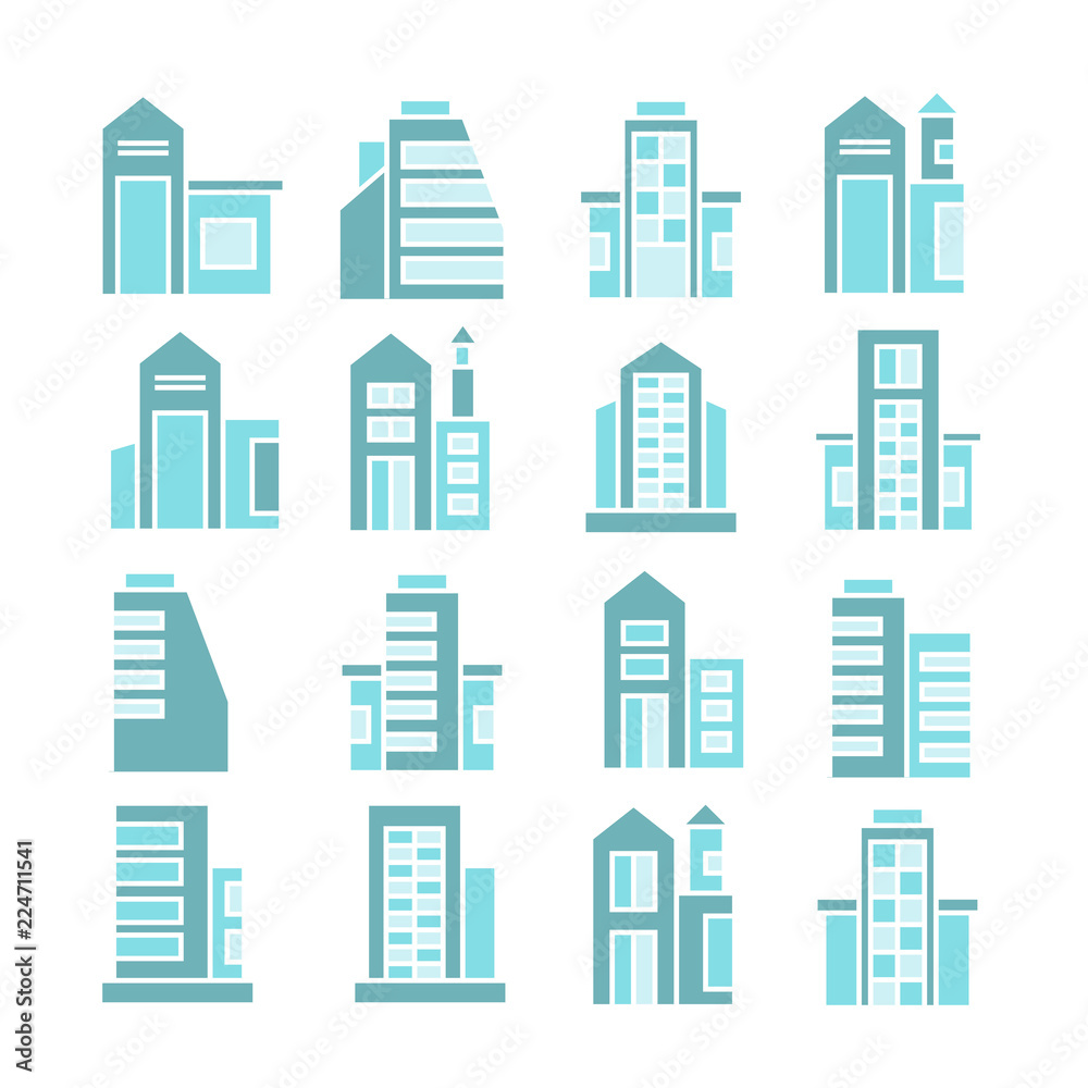 building and tower icons, blue color theme building and tower icons, blue color theme