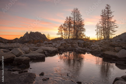 A sunset in the Enchantments with Prusik peak in the background