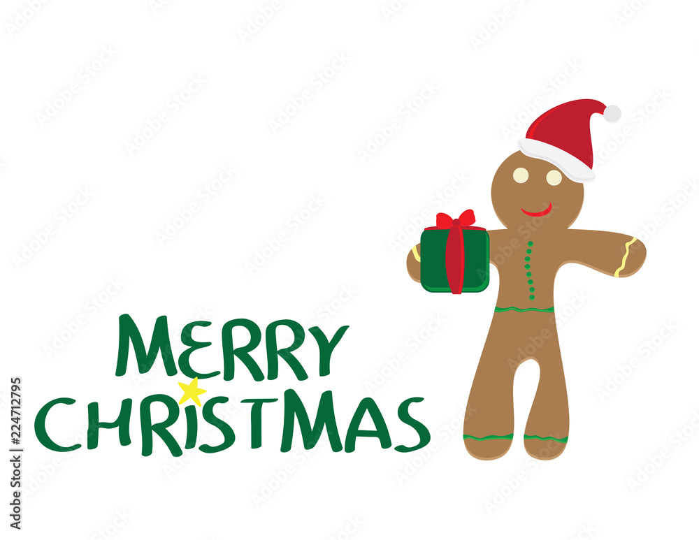 Fototapeta premium Merry Christmas logo with Yellow star, gingerbread man cookie wearing santa hat, holding gift on white background