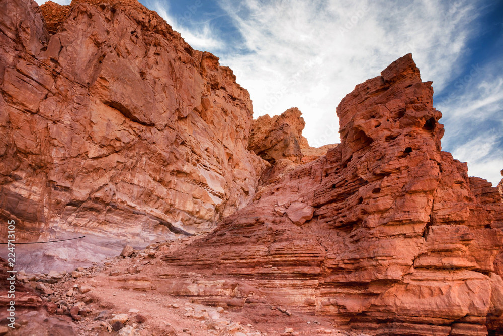Travel in Israel, tourist destination in the Eilat Mountains: Red Canyon, giant cliffs