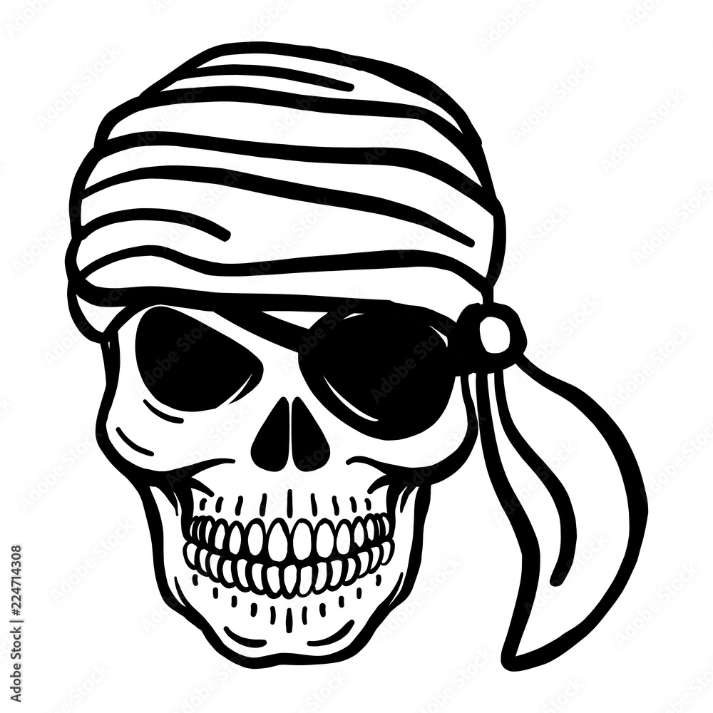 Fototapeta premium hand drawn vector pirate skull. Pistols, shawls, pirate hat, eye patch, headscarf