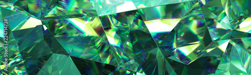3d render, abstract green crystal background, faceted texture, emerald gem macro, panorama, wide panoramic polygonal wallpaper photo