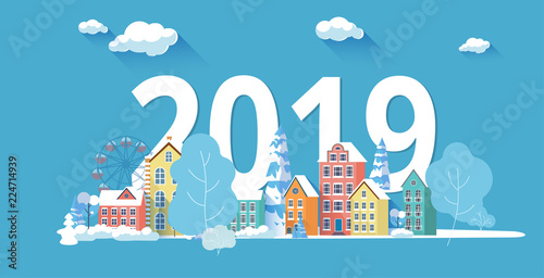 Christmas and New Year 2019 poster with winter cityscape.