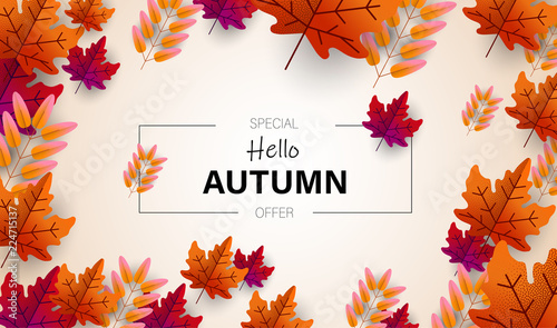 Hello autumn. Special offer poster with leaves.